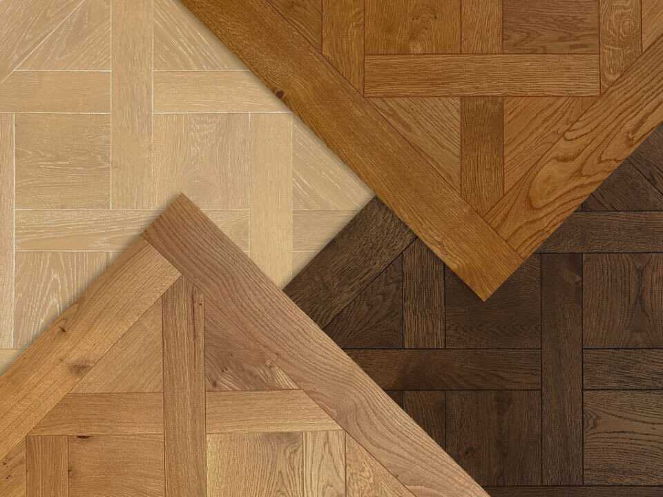 Close-up of various European oak Versailles panels from Havwoods' Parquetry Design Collection.